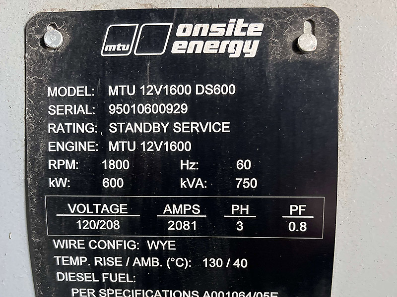 MTU 600 kW DS600 MTU 600 kW DS600